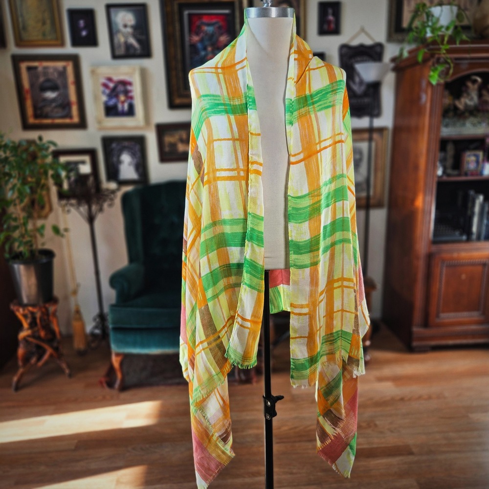 Scarf Plaid Viscose Wrap Green Orange Yellow Large‎ Lightweight Shawl 72x34 Boho